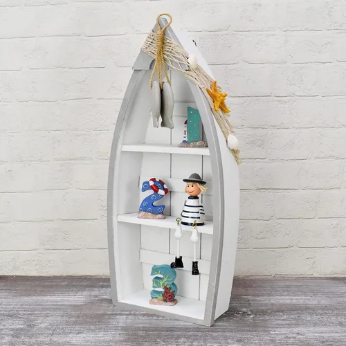 Vista 4 de Morning View Estante de madera para barco de 2 estantes, decoración náutica con red de pesca, estrellas de mar, conchas marinas, montaje en pared