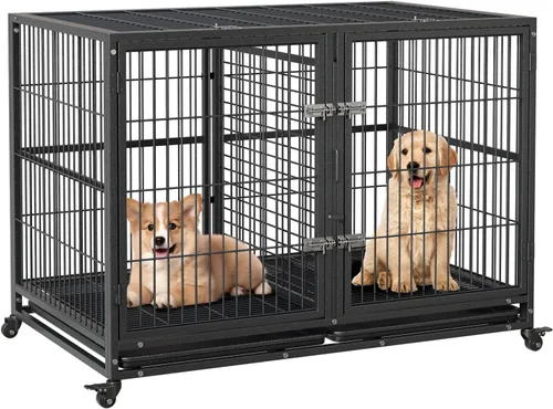 Vista 9 de Jaula para perros resistente, perrera grande de metal de 52 pulgadas con techo superior, jaula para mascotas de 2 puertas con bandeja extraíble