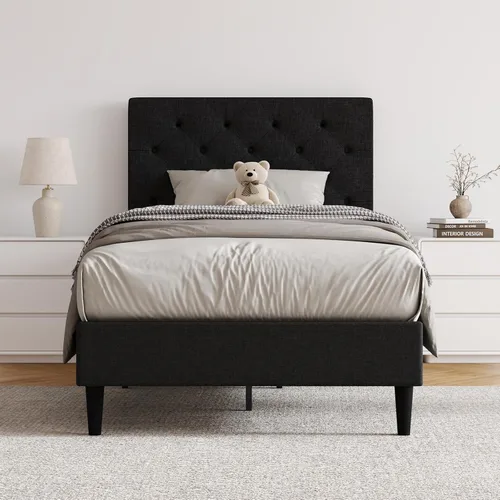 Vista 21 de HOMBCK Marcos de Cama Individuales para Niños, Marco de Cama Plataforma Tapizada Tamaño Individual con Cabecera Acolchada/Listones de Madera/No