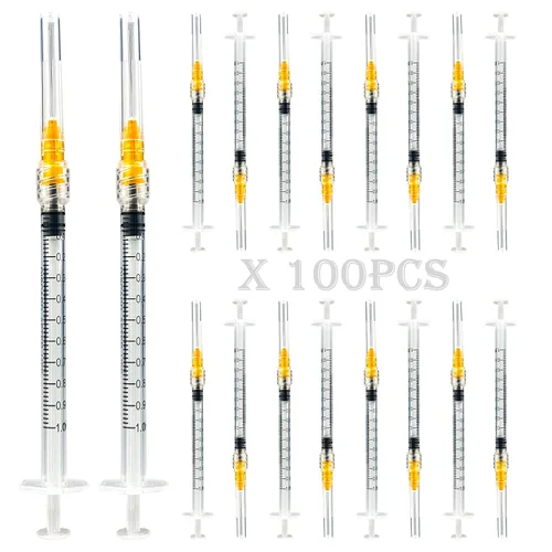Vista 8 de Paquete de 100 jeringas Luer Lock de 1 ml con agujas de 23Ga (1 pulgada), jeringas y agujas desechables de plástico en embalaje individual