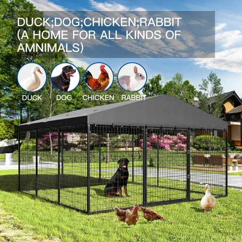 Vista 6 de Gotland Perrera para perros al aire libre de 10 x 10 x 6 pies, jaula para perros medianos y grandes con techo impermeable, doble cerradura