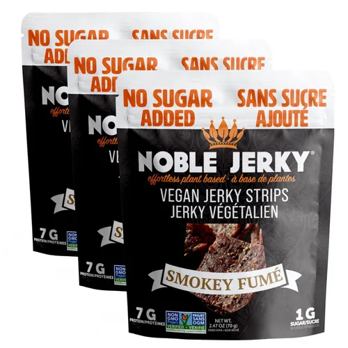 Noble Jerky Cecina vegana – Sin azúcar añadido – Paquete de 3, 0.55 oz de proteína por bolsa, aperitivo a base de plantas con alto contenido de