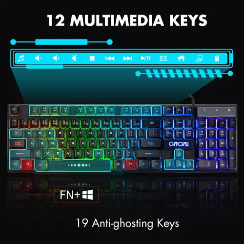 Vista 4 de CHONCHOW Teclado para juegos con cable para Mac, PC, PS5, PS4, Xbox One, teclado de sensación mecánica LED retroiluminado RGB con teclas multimedia