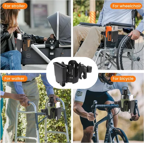 Vista 7 de Portavasos para silla de ruedas con gancho, portavasos 2 en 1 con soporte para teléfono, soporte ajustable para bebidas para silla de ruedas