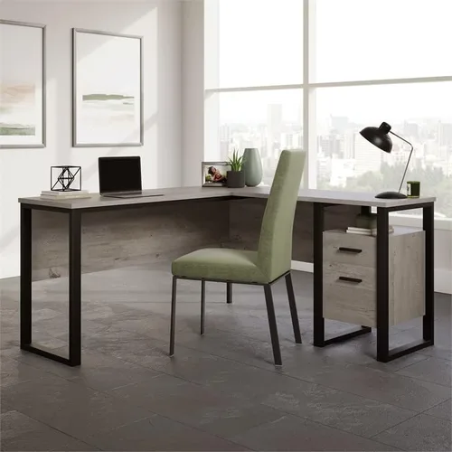 Vista 2 de Sauder Rock Glen Escritorio de madera y metal en forma de L en roble místico