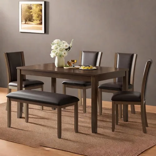 Vista 5 de Juego de mesa de comedor para 6, juego de mesa de comedor de 6 piezas estilo granja con mesa rectangular, 4 sillas tapizadas con respaldo y banco