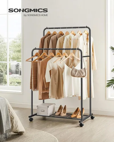 Vista 2 de SONGMICS Perchero de doble barra con ruedas, perchero para colgar ropa, perchero resistente con estante de almacenamiento de malla, 2 frenos, cada