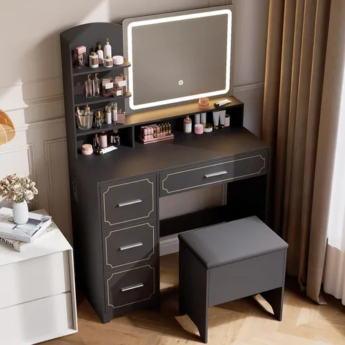 Vista 2 de Mesa de tocador con espejo LED y toma de corriente, 5 estantes abiertos, 4 cajones, incluye taburete acolchado, tocador de maquillaje ideal