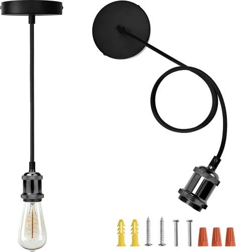 Vista 10 de JACKYLED Paquete de 2 mini luces colgantes UL Vintage Socket E26 E27 Portalámparas de tela tejida negra cable de luz colgante ajustable Kit de toldo