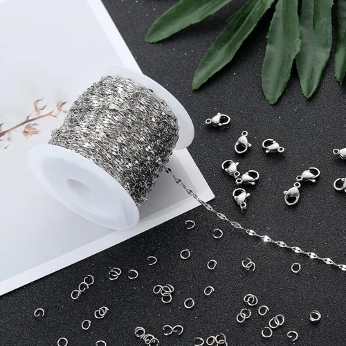 Vista 12 de Cadena de acero inoxidable plateado de 32.8 pies, cadena plana de eslabones de clip de papel de 0.394 x 0.197 in, cadena a granel con anillos