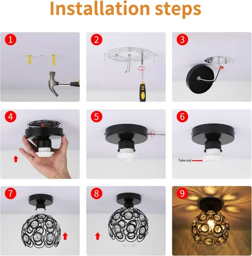 Vista 7 de TISLYCO Lámpara de araña moderna de cristal para pasillo, mini lámpara de techo semiempotrada, mini lámpara de araña de metal negro antiguo, lámpara
