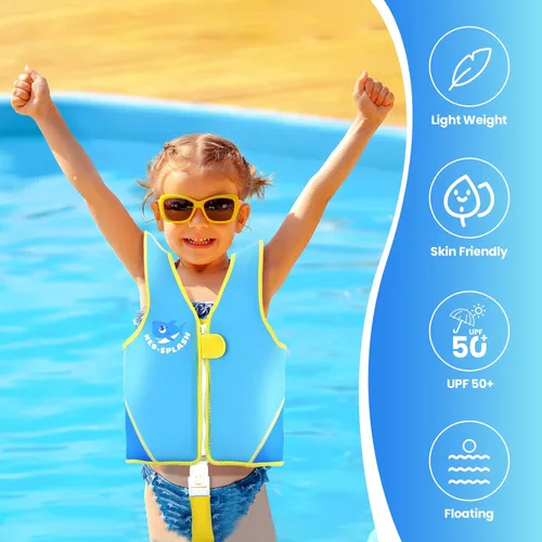 Vista 2 de Chaleco de natación para niños de neopreno con correa de seguridad ajustable para edades de 1-3 y 3-6 años