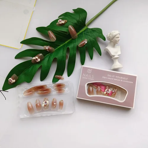 Vista 7 de Uñas postizas a presión, uñas postizas de almendra francesa a presión, uñas postizas medianas y largas, uñas postizas con lazo 3D, uñas acrílicas