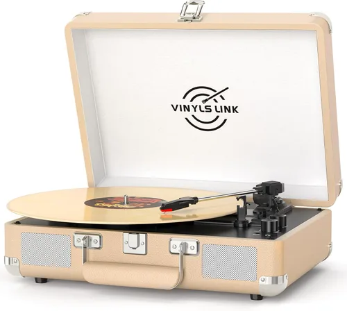 Vista 10 de VINYLS LINK Reproductor de discos de vinilo Bluetooth, tocadiscos de 3 velocidades con altavoces estéreo integrados, tocadiscos portátil de maleta