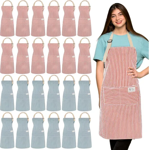 Vista 17 de Janmercy 24 delantales para mujeres y hombres con 2 bolsillos, delantal de cocina de lino, delantal ajustable para chef, delantales a granel unisex