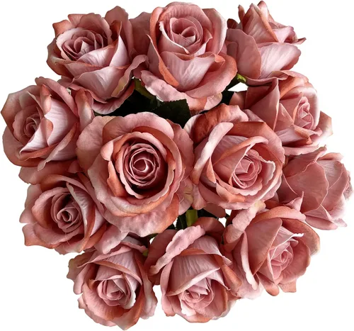 Vista 3 de UKELER - 12 piezas de flores de seda artificiales, rosas falsas con tallos largos, flores de rosa artificiales para ramo de novia, boda, decoración