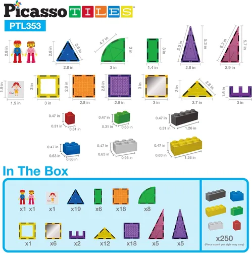 Vista 8 de PicassoTiles Estuche portátil de transporte de juguetes + 353 piezas de azulejos magnéticos, bloques de construcción de bloques de construcción
