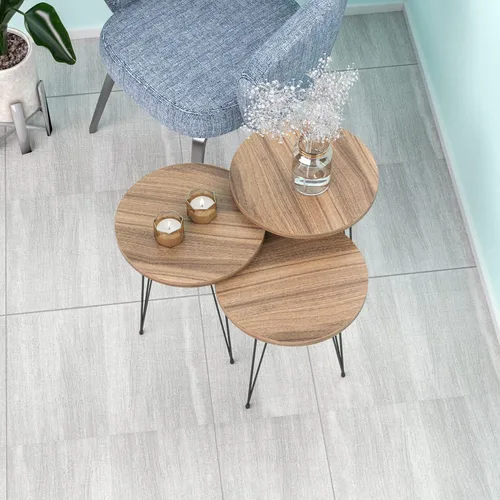 Vista 7 de Juego de 3 anidados redondos, base moderna de aspecto de grano de madera para mesas de centro o mesitas de noche, mesa auxiliar, mesa auxiliar