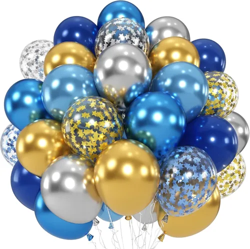 Globos de color azul dorado y plateado, 50 unidades de 12 pulgadas, color azul marino metálico, azul marino, azul claro, plateado y dorado, con