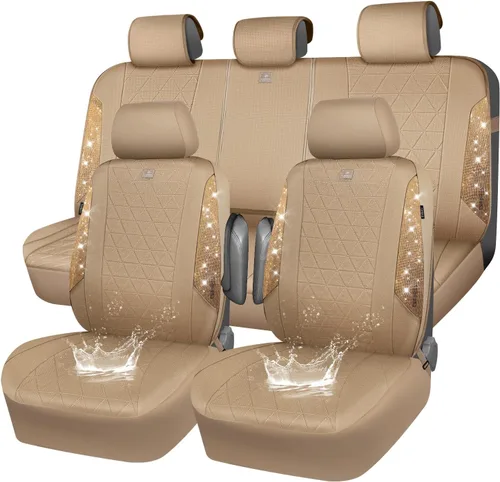 Vista 23 de CAR PASS Todos los juegos completos de fundas de asiento de automóvil de cuero con diamantes brillantes, impermeables, brillantes, ajuste universal