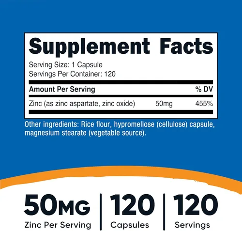 Vista 2 de Nutricost Quelato de zinc de 50 mg, 120 cápsulas vegetarianas, sin gluten y sin OMG