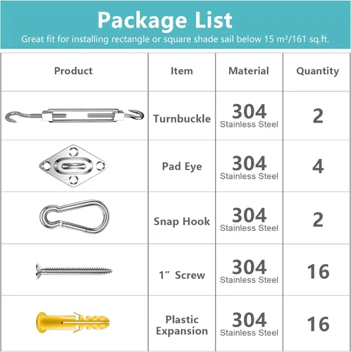 Vista 4 de FZENeast Kit de accesorios para toldo, 5 pulgadas, súper resistente, acero inoxidable 304 de grado marino, kit de accesorios para instalación