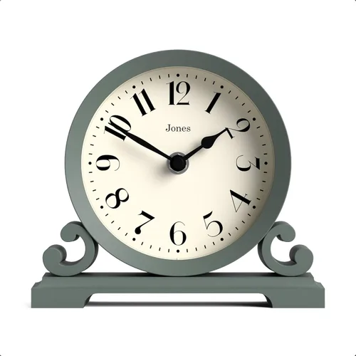 JONES CLOCKS® Reloj de repisa Saloon | Diseño tradicional de doble scroll | Verde | Estilo clásico contemporáneo para escritorio, mesa, estante o