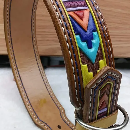Dog Large Collar with Aztec Motif, Dog Lover Handstitched Collar, Padded Leather Dog Collar, Dog Collar Handmade Leather