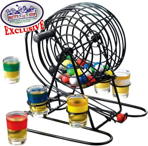 Vista 2 de Matty's Toy Stop Drunken Bingo Deluxe - Juego de beber con jaula de metal y vasos de chupito codificados por