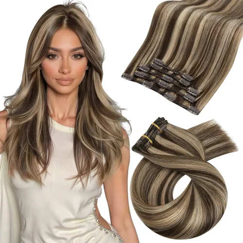 Vista 92 de Moresoo Extensiones de cabello humano con clip, balayage, color marrón oscuro a marrón dorado con clip, extensiones de cabello humano con clip, 5