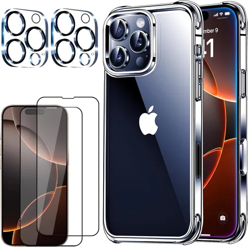 Vista 10 de 5 in 1 Clear Case for iPhone 12 Pro Max 6.7", with 2 HD Screen Protector + 2 Camera Lens Protector, 9H Hardness Tempered Glass Protection Film