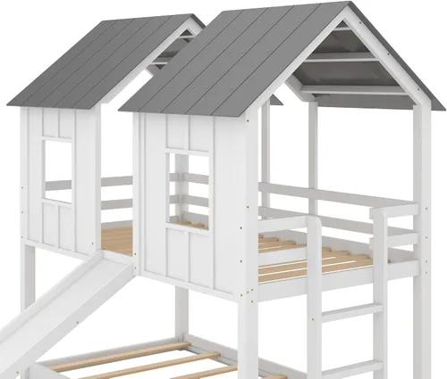 Vista 158 de Cama de casa de tamaño individual con elegantes ventanas y estantería, litera con diseño de castillo de madera con barandillas de seguridad