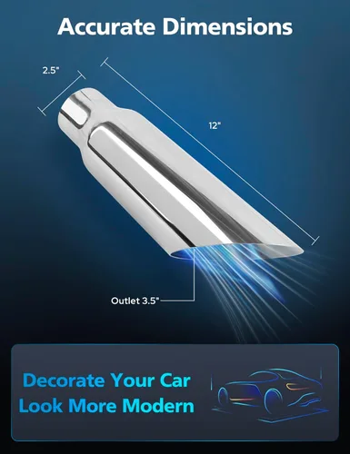 Vista 2 de RP Remarkable Power, Entrada de 2.5 pulgadas, salida de 3.5 pulgadas, 12 pulgadas de largo, corte en ángulo de acero inoxidable, punta de escape