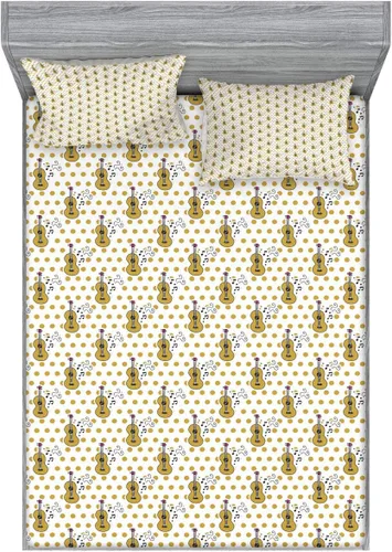 Ambesonne Guitar Fitted Sheet & Pillow Sham Set, Hand Drawn Style Pattern with Musical Instruments Notes Polka Dots Retro, Decorative Printed 3