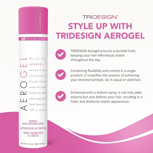 Vista 2 de TRIDESIGN Aerogel - Spray de acabado de cabello de fijación fuerte para dar volumen y control, peinado flexible para todo tipo de cabello,