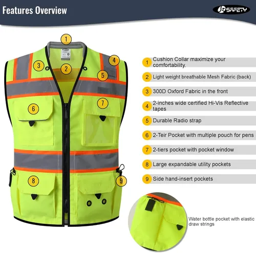 Vista 6 de JKSafety Hi-Vis Chaleco de seguridad unisex para topógrafos de alta visibilidad, resistente, con bolsillos internos, cumple con las normas ANSI/ISEA