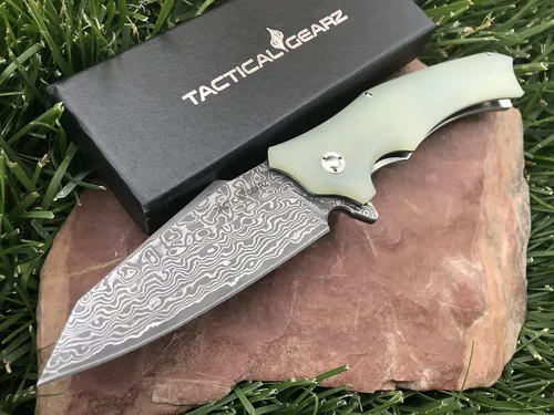 TACTICAL GEARZ Cuchillo de bolsillo de acero de Damasco, hoja de acero de Damasco de 67 capas múltiples y núcleo VG10, mango G10, incluye funda (Vex