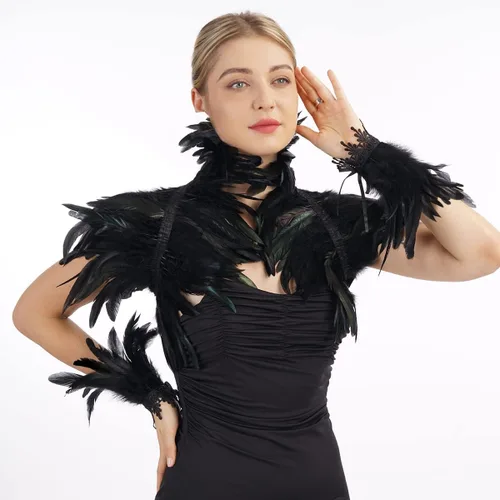 Vista 6 de quescu Chal de plumas negras con 2 guantes de plumas para mujer, capa de plumas góticas, disfraz de maléfica para Halloween y cosplay