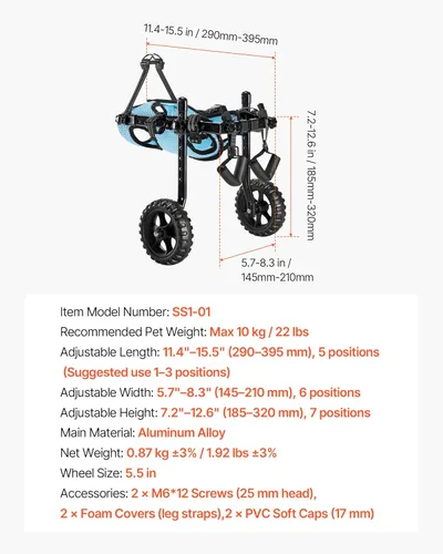 Vista 9 de VEVOR Dog Wheelchair for Back Legs, Lightweight 2 Wheels Pet Wheelchair, Height, Width & Length Adjustable, Dog Cart with Shock-Absorbing Wheels
