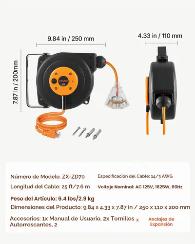 Vista 8 de VEVOR Carrete de cable de extensión retráctil de 25 pies resistente 14AWG Rojo