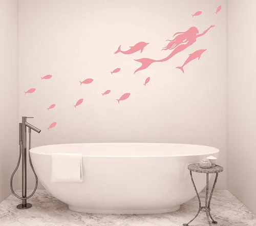 Vista 2 de Calcomanías de pared de sirena, calcomanías de pared de peces, calcomanía de delfín náutico del océano marino, calcomanía de vinilo para baño