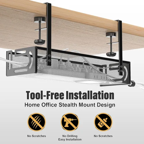 Vista 3 de Paquete de 2 bandejas para organizar cables debajo del escritorio, sin taladros, bandeja de cables de malla metálica con abrazadera para gestión