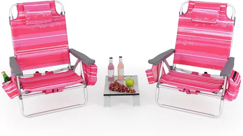Vista 14 de GYMAX Sillas de playa, silla de camping con reposabrazos, bolsa refrigeradora, soporte para tazas, barra de toalla y bolsillos laterales, silla