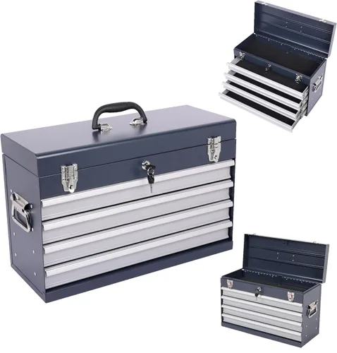 Caja de herramientas portátil de metal con 4 cajones, caja de herramientas de acero de 53 cm con cerradura de llave y cierre de pestillo, caja de
