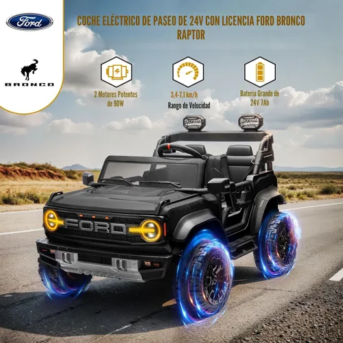 Vista 2 de ENYOPRO Auto eléctrico Ford Bronco Raptor con licencia de 24V para niños, 2 asientos, camión montable que funciona con batería, juguetes con control