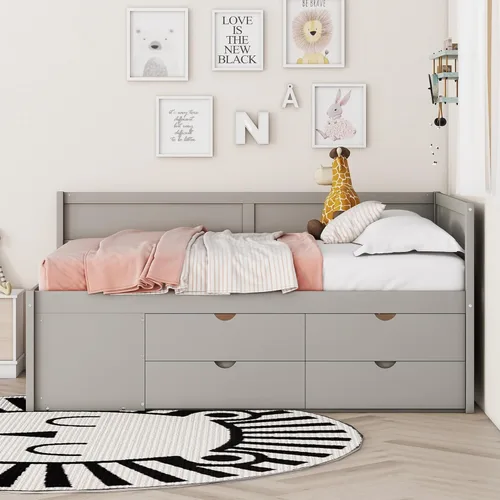 Vista 110 de Quarte Elegante cama de plataforma con estanterías en forma de L, cama de plataforma de madera tamaño individual con 2 cajones de almacenamiento