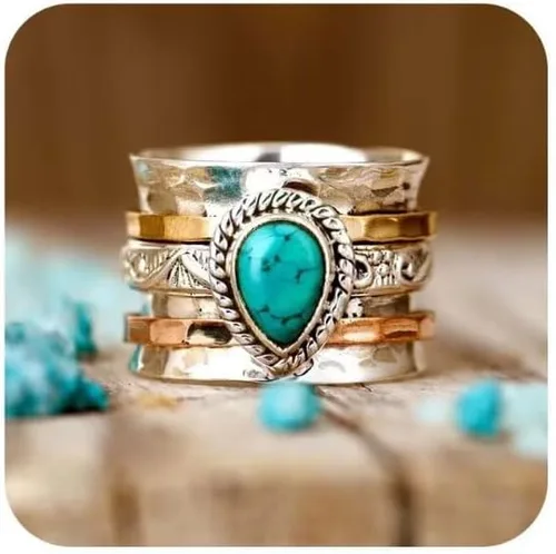 LRGKMCWTOB Anillo vintage de plata de ley turquesa para mujer, estilo bohemio, hecho a mano, delicado, étnico, piedra curativa, anillo tribal tótem,