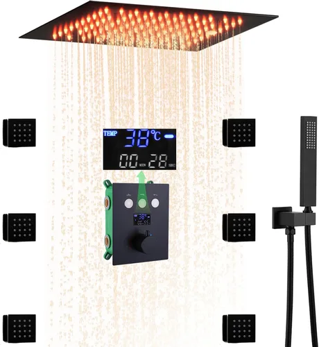 Vista 10 de Cabezal de ducha de lluvia de techo LED redondo de oro cepillado de 10 pulgadas, DULABRAHE termostático para baño, sistema de ducha de lluvia de Oro