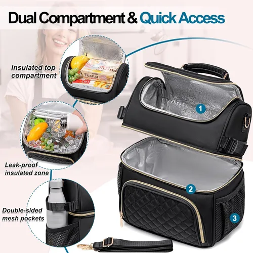 Vista 2 de Loncheras para mujeres, Lonchera de doble compartimento para almuerzo para el trabajo, Lonchera a prueba de fugas y enfriadora grande y aislada