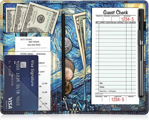 Libreta organizadora para meseros Fintie con bolsillo con cremallera, de piel sintética para restaurante, tarjetero para presentadores de cheques de